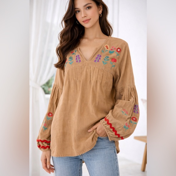 Easel Los Angeles Tops - Easel Corduroy Boho Top Camel Tan Floral Embroidered Balloon Sleeve NWT S